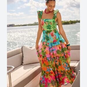 Avara Ivy Floral Tiered Maxi Dress Small Tropical Hawaiian Resort Smocked Back